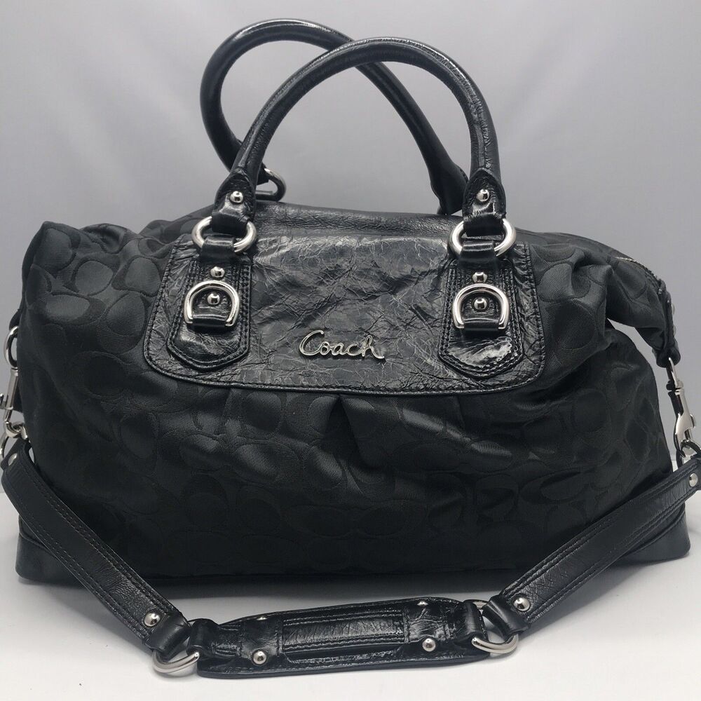Coach Women’s Signature Logo ~ Large ~Black On Black  Satchel Handbag W/ Strap